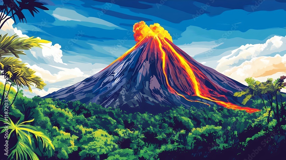 Fototapeta premium Erupting Volcano in Lush Tropical Jungle Landscape