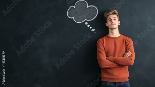 Young man stands with crossed arms against a dark chalkboard, contemplating a chalk drawn thought bubble above him, symbolizing questioning, messaging, and the process of generating ideas