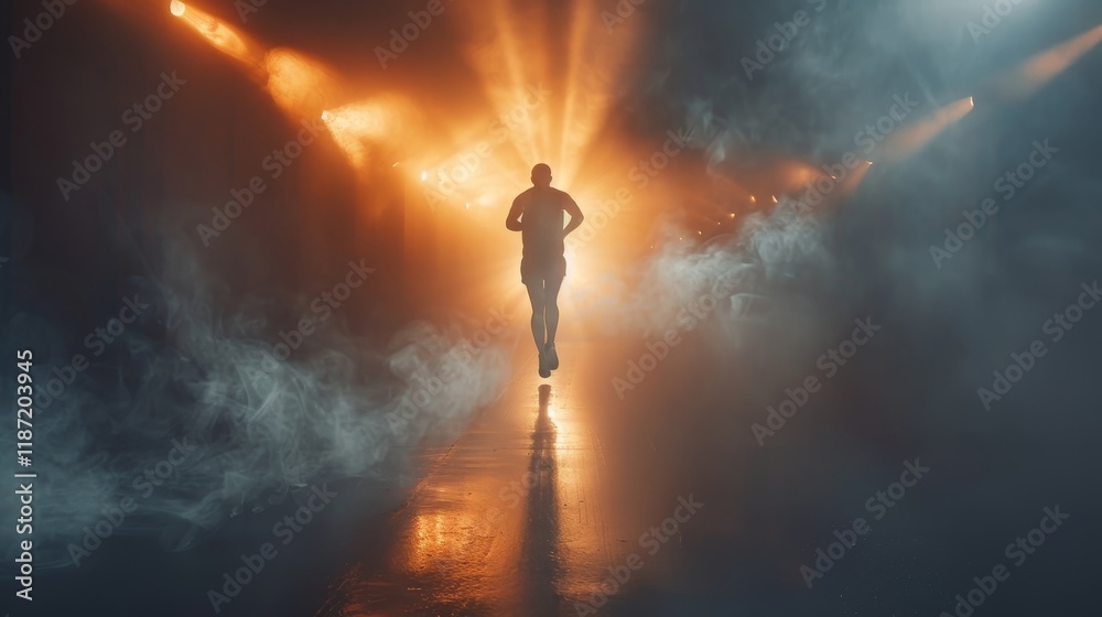 Dramatic sports background showcasing an intense runner in an isolated scene with dark backdrop Dramatic sports background showcasing an intense runner in an isolated scene with dark backdrop