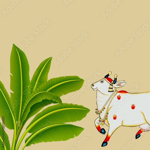 
A Beautiful Cow Pichwai Painting with Lotus for Interior Wall Decoration photo