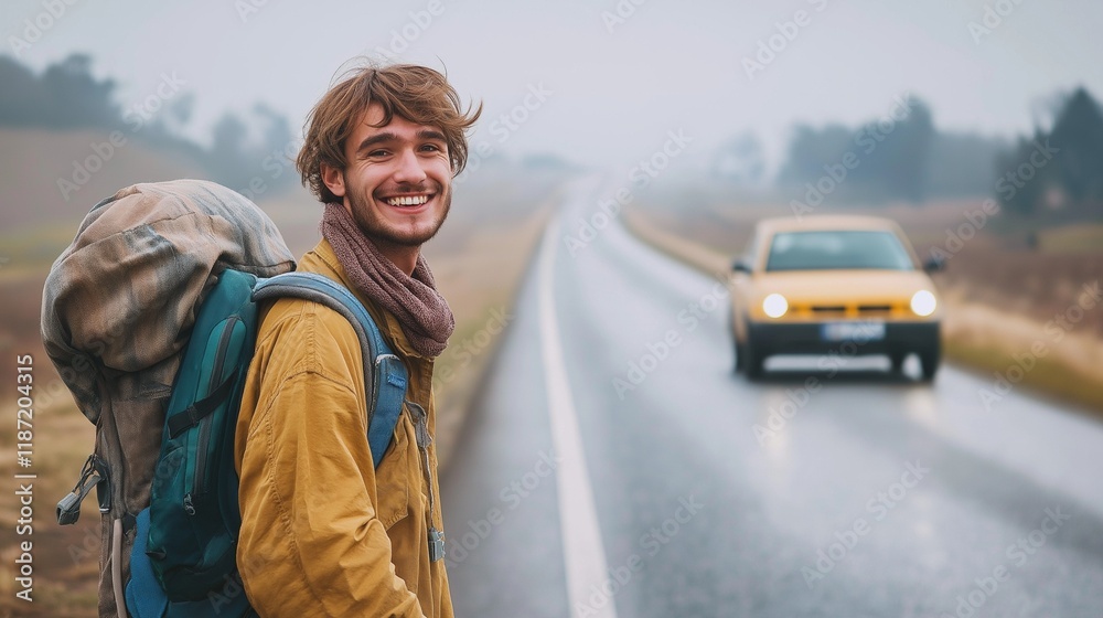 Naklejka premium hitchhiker with a backpack and a big smile standing by a roadside, with a passing car driving off into the distance