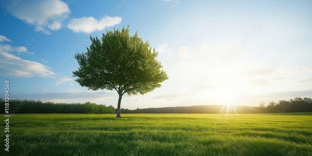 A beautiful solitary tree backlit by the golden rays of a setting sun, creating a stunning silhouette against a vast field and a vibrant sky. A beautiful solitary tree backlit by the golden rays of a setting sun, creating a stunning silhouette against a vast field and a vibrant sky.