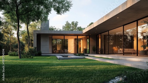Wallpaper Mural Modern concrete house with large windows, outdoor fireplace, and lush green lawn. Torontodigital.ca