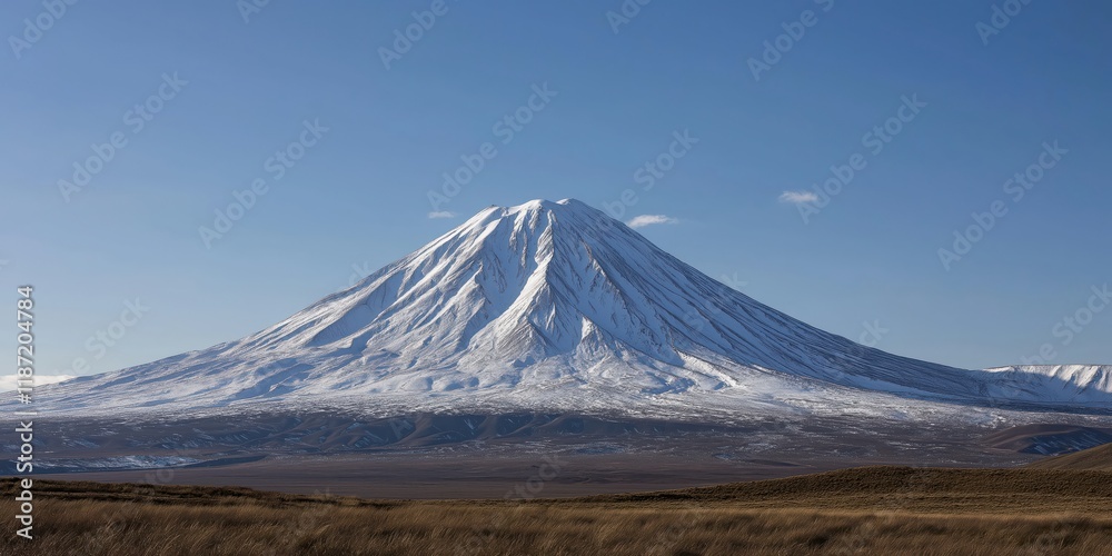 Fototapeta premium A majestic snow-capped mountain rises proudly against a clear blue sky, showcasing the stunning beauty of nature and the power of geological formations.