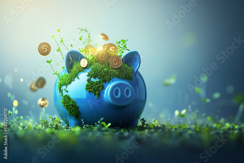 A blue piggy bank shaped like the Earth, sprouting grass and coins, symbolizing sustainable investments and financial growth.