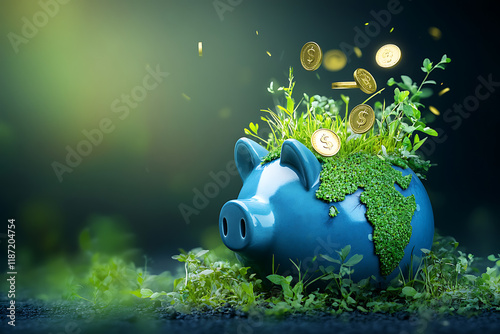 Blue piggy bank shaped like Earth, sprouting greenery, with gold coins falling.  Sustainable investment concept.
