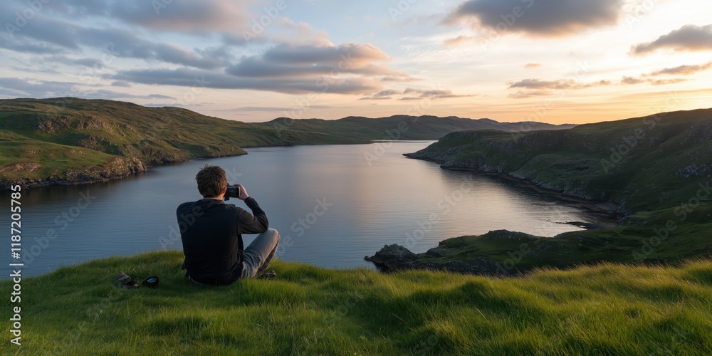 A person sitting on a hill captures the breathtaking sunset over tranquil waters, encapsulating the beauty of nature and the essence of peaceful contemplation. A person sitting on a hill captures the breathtaking sunset over tranquil waters, encapsulating the beauty of nature and the essence of peaceful contemplation.