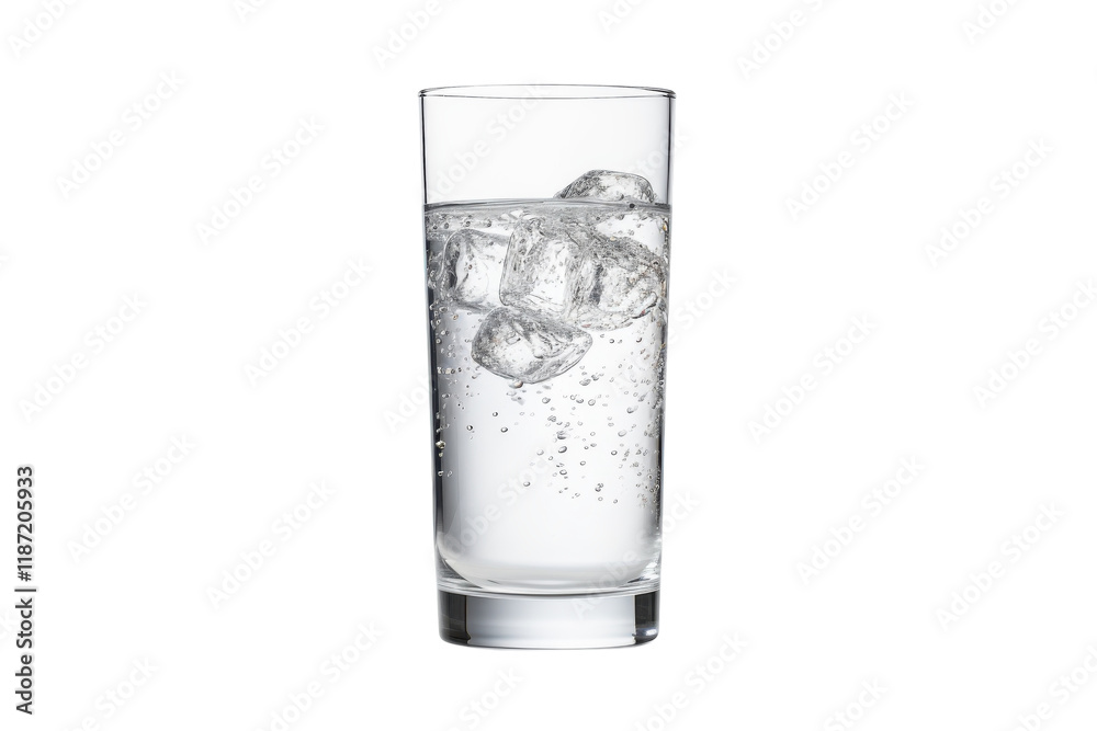Refreshing sparkling water with ice cubes served in a clear glass on a white background Refreshing sparkling water with ice cubes served in a clear glass on a white background