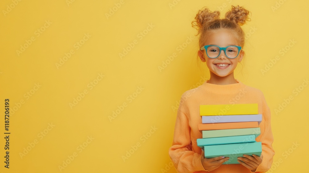Cheerful Young Girl with Books Against Vibrant Yellow Background Cheerful Young Girl with Books Against Vibrant Yellow Background