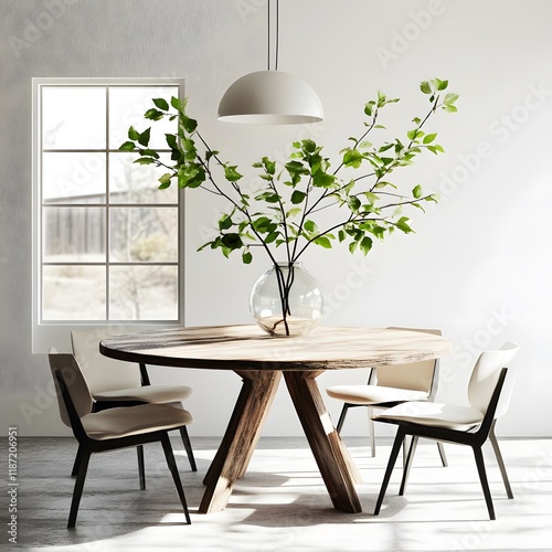 A calm minimalist dining room design exudes elegance and warmth. The centerpiece is a sleek wooden dining table with a natural finish, surrounded by ergonomically designed modern chairs in soft neutra photo