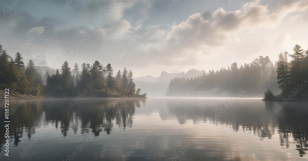 Fototapeta premium Muted color palette of a misty morning over a lake with soft, wispy clouds, colors, clouds