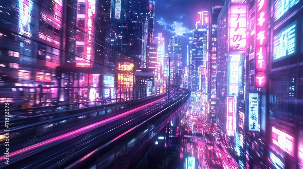 High-Speed Monorail Journey Through Neon Cityscape at Night High-Speed Monorail Journey Through Neon Cityscape at Night