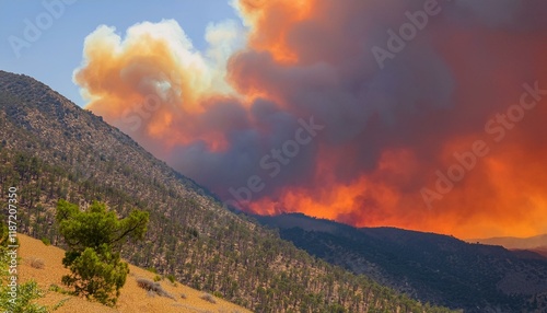 A wildfire spreads along a ridge, turning the sky red and sending thick black smoke into the air.