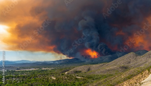 A wildfire spreads along a ridge, turning the sky red and sending thick black smoke into the air.