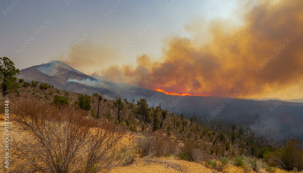 A wildfire spreads along a ridge, turning the sky red and sending thick black smoke into the air. A wildfire spreads along a ridge, turning the sky red and sending thick black smoke into the air.