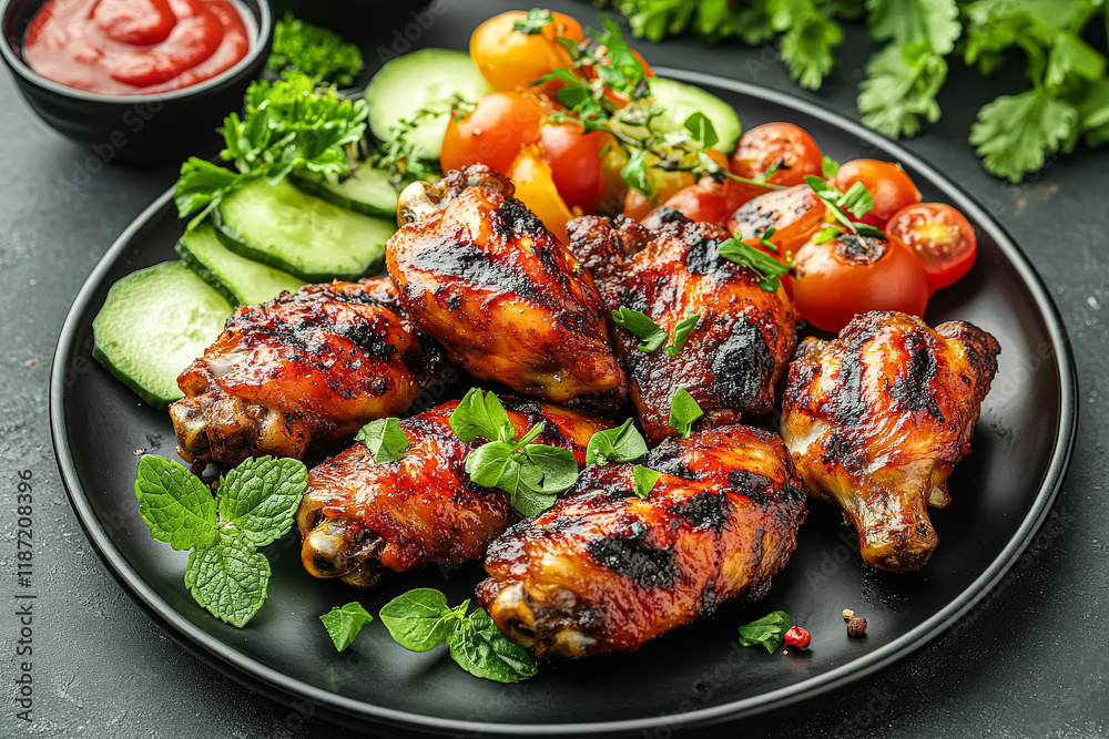 Plate of chicken wings with a side of vegetables. The plate is black and the vegetables are green Plate of chicken wings with a side of vegetables. The plate is black and the vegetables are green