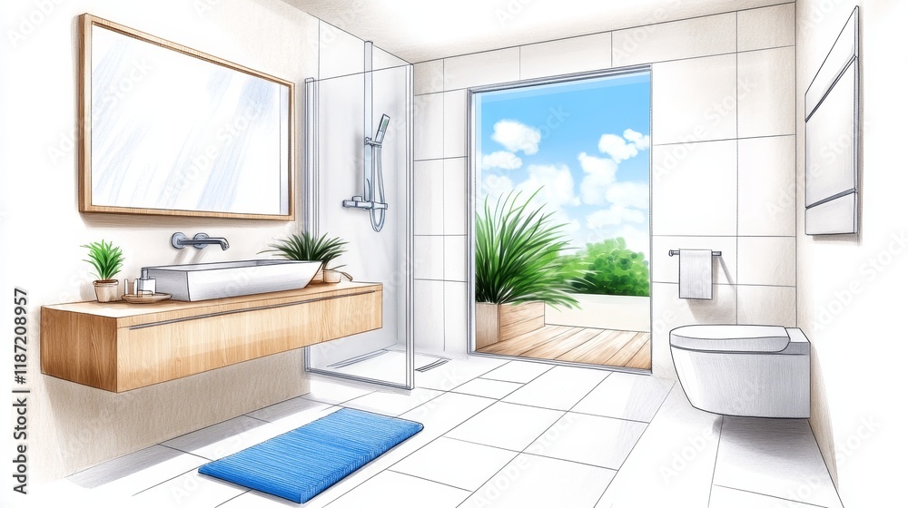 Modern Bathroom Design with Outdoor View - Clean, bright, serene bathroom; natural light, outdoor access, minimalist design, contemporary fixtures, relaxing atmosphere. Modern Bathroom Design with Outdoor View - Clean, bright, serene bathroom; natural light, outdoor access, minimalist design, contemporary fixtures, relaxing atmosphere.