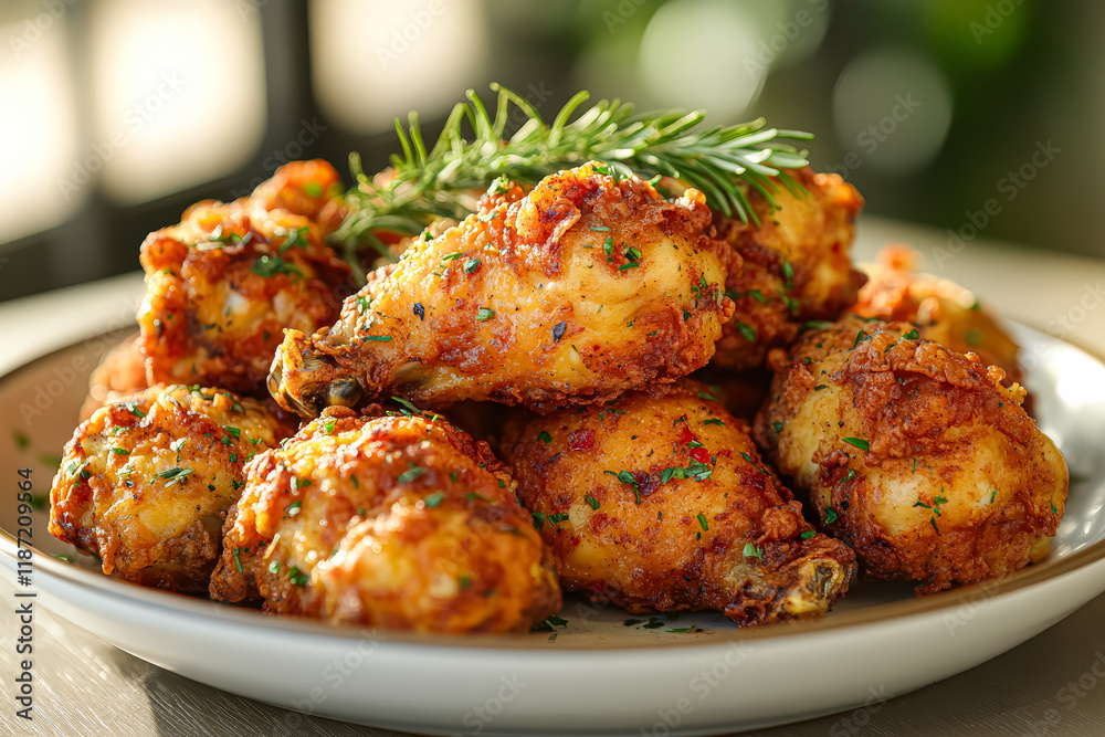 Plate of fried chicken with herbs on top. The chicken is golden brown and crispy. The herbs add a fresh and savory flavor to the dish Plate of fried chicken with herbs on top. The chicken is golden brown and crispy. The herbs add a fresh and savory flavor to the dish