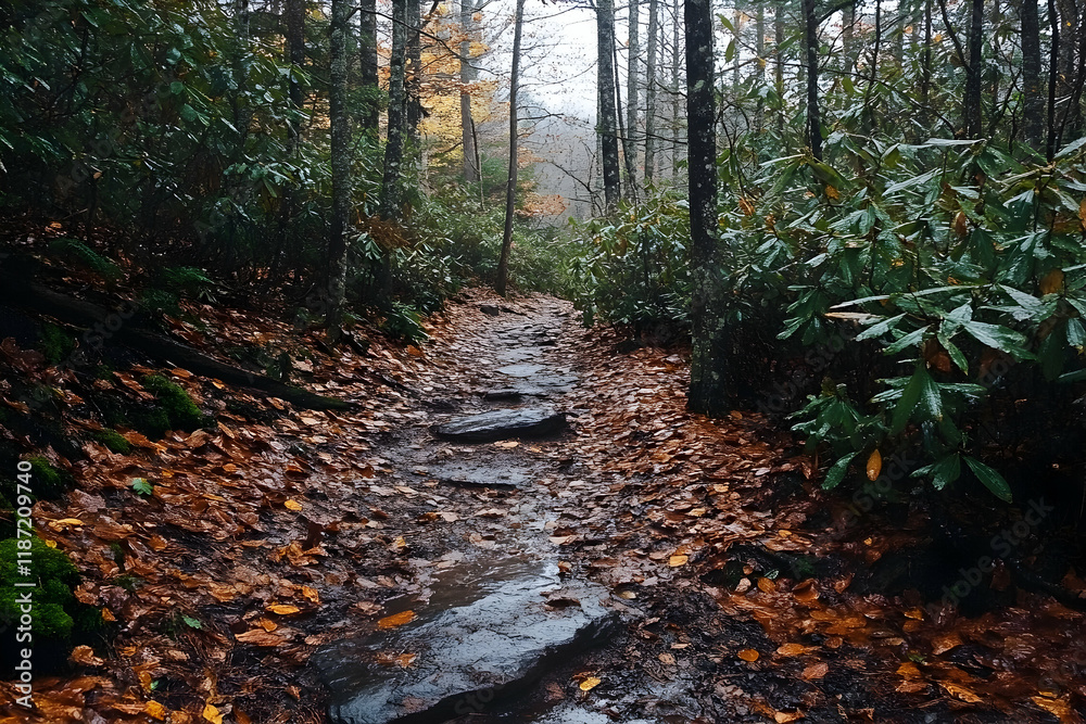 Muddy forest trail in autumn with fallen leaves creating a serene natural setting Muddy forest trail in autumn with fallen leaves creating a serene natural setting
