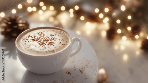 Wallpaper Mural Cup of Latte with Snowflake Latte Art and Cinnamon on a White Table. Festive Holiday Lights in Background. Torontodigital.ca