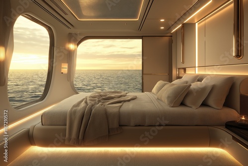 Sleek modern yacht bedroom with king-size bed and ocean view at sunset