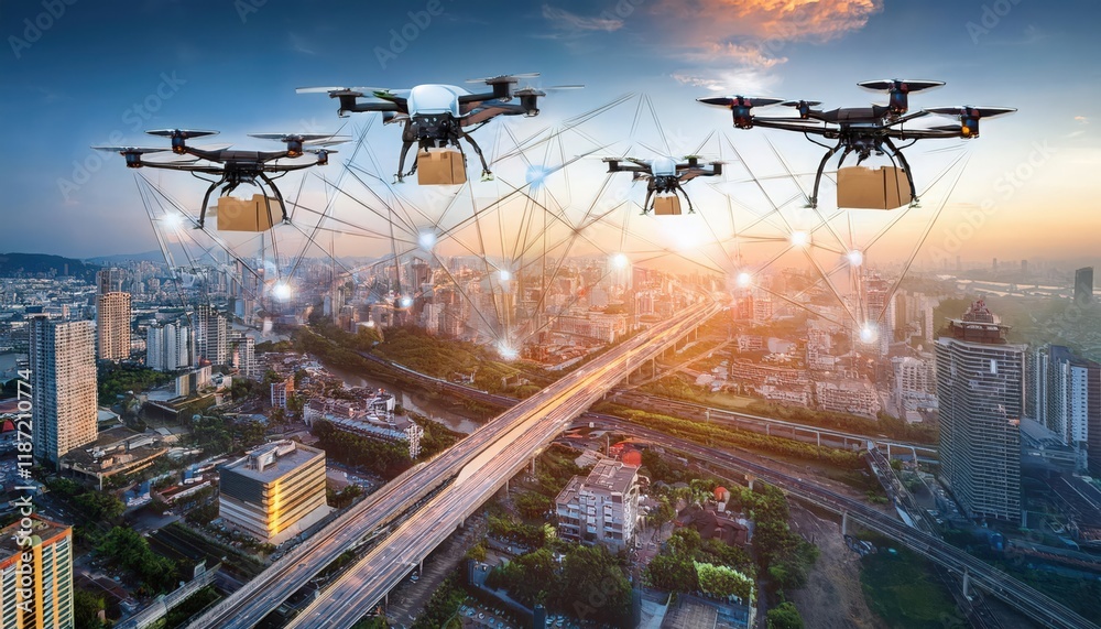 Fototapeta premium Drones working together to deliver goods and enhance information in urban environments during sunset