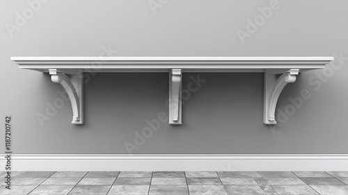 White floating shelf with corbels on gray wall.