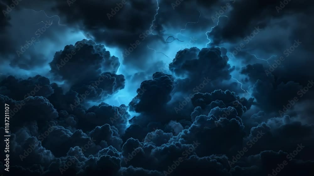 Dark Storm Cloudscape: A dramatic and moody image of a stormy night sky, filled with dark, brooding clouds illuminated by flashes of blue lightning.