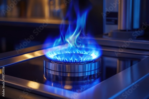 A blue gas flame burning brightly on a modern stovetop in a kitchen setting with reflective surfaces photo