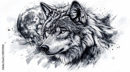 Majestic wolf portrait with full moon background, grayscale, artistic style. photo