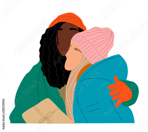 Two women hugging each other, one wearing a pink hat. The woman on the left is holding a gift