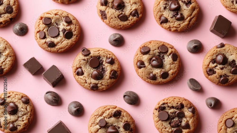 Delicious Chocolate Chip Cookies on a Soft Pink Background Delicious Chocolate Chip Cookies on a Soft Pink Background