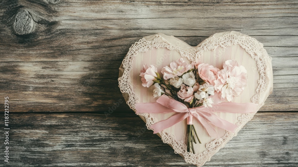 Pink flowers in heart-shaped box on wooden background. Pink flowers in heart-shaped box on wooden background.