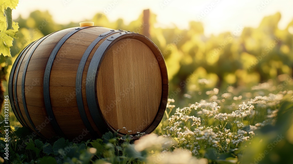 Rustic Wooden Barrel Surrounded by Lush Vineyard at Sunset Rustic Wooden Barrel Surrounded by Lush Vineyard at Sunset