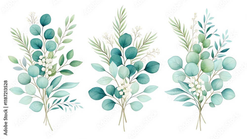 Fototapeta premium Elegant Watercolor Eucalyptus Arrangements in Muted Green and Blue Tones with White Florals for Wedding and Nature-Inspired Decor 