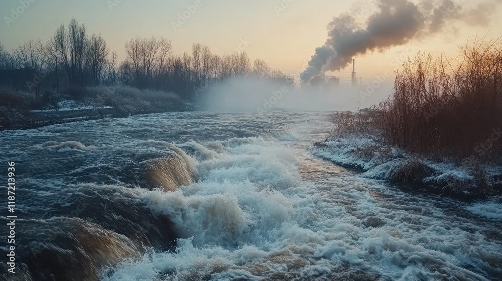 Fototapeta premium Industrial River Pollution: A Winter's Dawn
