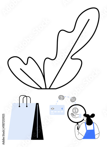 Shopping bag, credit card, large abstract leaf, and person with magnifying glass examining purchase trends. Ideal for digital marketing, e-commerce, customer behavior analysis, online transactions