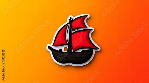 A cartoon illustration of a sailboat with red sails against a warm orange background.  Perfect for nautical themes! photo