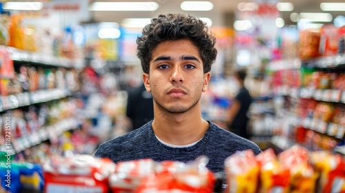Young man stands confidently in a brightly lit grocery store aisle surrounded by snacks and food products