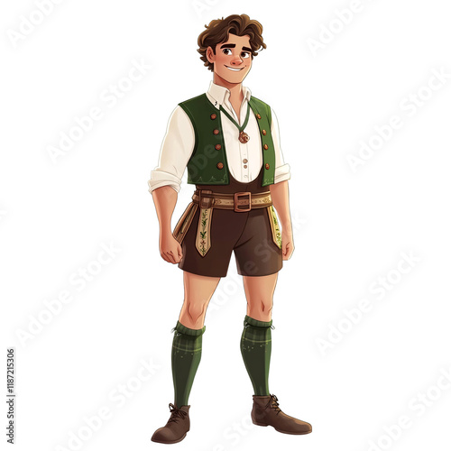 A male cartoon character wearing traditional Austrian attire, featuring a green loden jacket, white shirt, lederhosen, and knee-high socks, standing against a white background photo