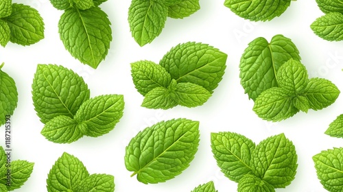 Fresh Green Mint Leaves Pattern on White Background for Design