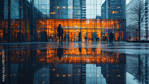 Modern Cityscape with Glass Buildings and Warm Orange Lights Reflected on Wet Urban Surface