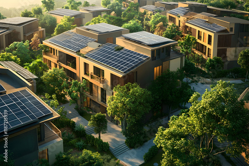 Housing complex with solar panel roofs atop a building, promoting eco-friendly architecture