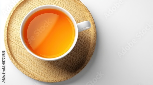 Fresh Brewed Tea in White Cup on Wooden Tray Against White Background