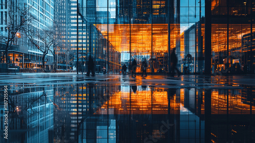 Modern Cityscape with Glass Buildings and Warm Orange Lights Reflected on Wet Urban Surface