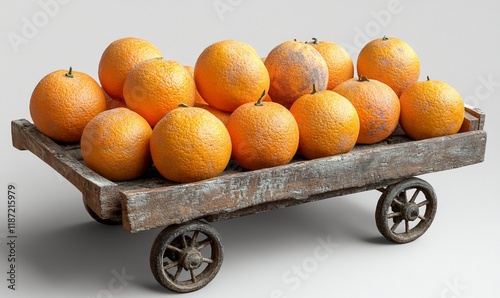 Oranges on old wooden cart, fruit display, still life photo