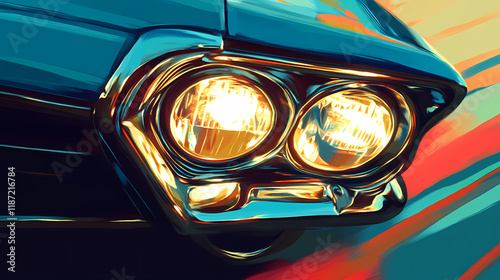 Close up of car headlight. Meadowlight. Illustration photo