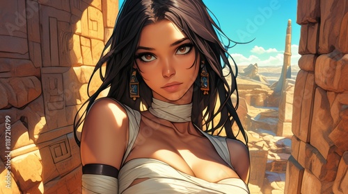 Anime mummy woman with long dark hair and dark brown eyes. She is emerging from a sarcophagus	
