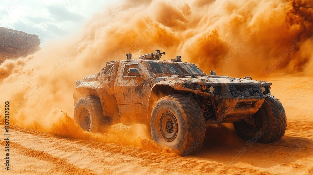 Obraz premium Desert vehicle speeding, sandstorm, powerful.