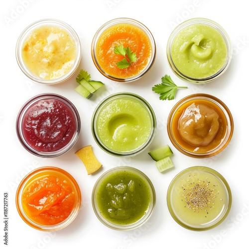 Wallpaper Mural Variety of homemade baby food purees made of vegetables, fruits, meat, fish, greens, seeds in glass jars on white background Torontodigital.ca
